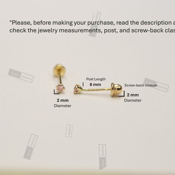 14K Solid Gold Pink CZ Stud Earrings • 2 mm Delicate Gift For Girls & Teens. - Picture 7 of 7